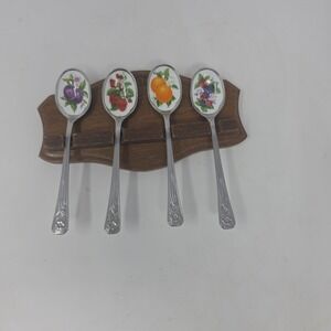 Vintage Avon Fruit de Saison Collector Spoons- Set of 4 with Wooden Rack - Japan